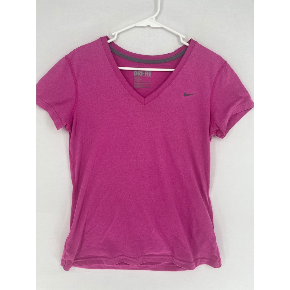 Nike Dri-FIT Womens V-Neck Training Shirt Pink Short Sleeve Activewear Size M